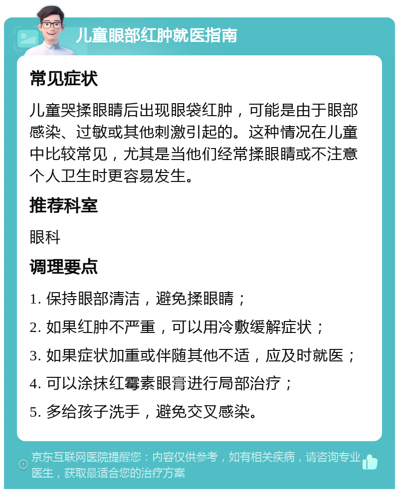 儿童眼部红肿就医指南 常见症状 儿童哭揉眼睛后出现眼袋红肿，可能是由于眼部感染、过敏或其他刺激引起的。这种情况在儿童中比较常见，尤其是当他们经常揉眼睛或不注意个人卫生时更容易发生。 推荐科室 眼科 调理要点 1. 保持眼部清洁，避免揉眼睛； 2. 如果红肿不严重，可以用冷敷缓解症状； 3. 如果症状加重或伴随其他不适，应及时就医； 4. 可以涂抹红霉素眼膏进行局部治疗； 5. 多给孩子洗手，避免交叉感染。