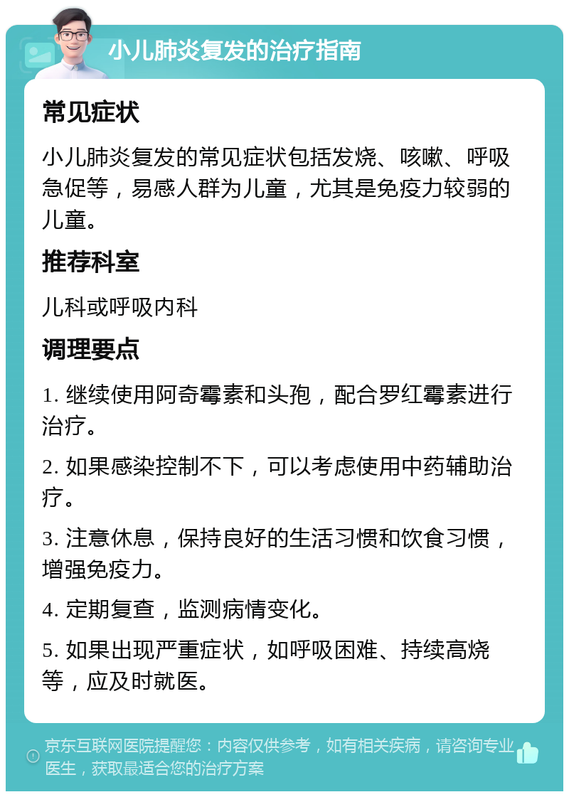 小儿肺炎复发的治疗指南 常见症状 小儿肺炎复发的常见症状包括发烧、咳嗽、呼吸急促等，易感人群为儿童，尤其是免疫力较弱的儿童。 推荐科室 儿科或呼吸内科 调理要点 1. 继续使用阿奇霉素和头孢，配合罗红霉素进行治疗。 2. 如果感染控制不下，可以考虑使用中药辅助治疗。 3. 注意休息，保持良好的生活习惯和饮食习惯，增强免疫力。 4. 定期复查，监测病情变化。 5. 如果出现严重症状，如呼吸困难、持续高烧等，应及时就医。