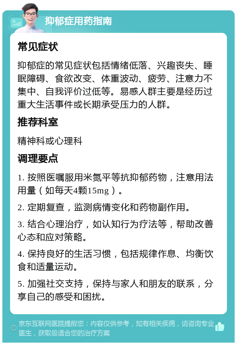 抑郁症用药指南 常见症状 抑郁症的常见症状包括情绪低落、兴趣丧失、睡眠障碍、食欲改变、体重波动、疲劳、注意力不集中、自我评价过低等。易感人群主要是经历过重大生活事件或长期承受压力的人群。 推荐科室 精神科或心理科 调理要点 1. 按照医嘱服用米氮平等抗抑郁药物，注意用法用量（如每天4颗15mg）。 2. 定期复查，监测病情变化和药物副作用。 3. 结合心理治疗，如认知行为疗法等，帮助改善心态和应对策略。 4. 保持良好的生活习惯，包括规律作息、均衡饮食和适量运动。 5. 加强社交支持，保持与家人和朋友的联系，分享自己的感受和困扰。