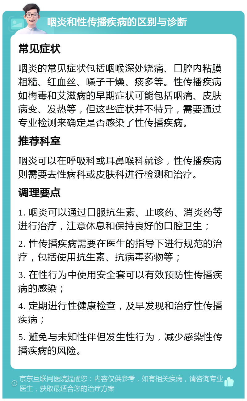 咽炎和性传播疾病的区别与诊断 常见症状 咽炎的常见症状包括咽喉深处烧痛、口腔内粘膜粗糙、红血丝、嗓子干燥、痰多等。性传播疾病如梅毒和艾滋病的早期症状可能包括咽痛、皮肤病变、发热等，但这些症状并不特异，需要通过专业检测来确定是否感染了性传播疾病。 推荐科室 咽炎可以在呼吸科或耳鼻喉科就诊，性传播疾病则需要去性病科或皮肤科进行检测和治疗。 调理要点 1. 咽炎可以通过口服抗生素、止咳药、消炎药等进行治疗，注意休息和保持良好的口腔卫生； 2. 性传播疾病需要在医生的指导下进行规范的治疗，包括使用抗生素、抗病毒药物等； 3. 在性行为中使用安全套可以有效预防性传播疾病的感染； 4. 定期进行性健康检查，及早发现和治疗性传播疾病； 5. 避免与未知性伴侣发生性行为，减少感染性传播疾病的风险。