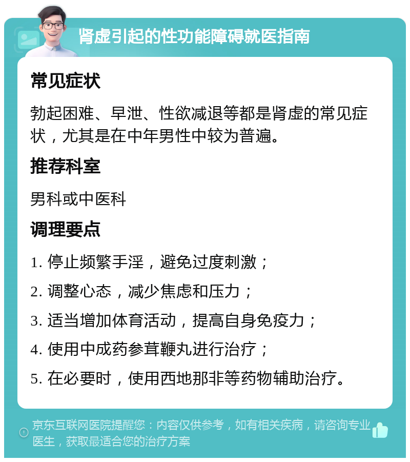 肾虚引起的性功能障碍就医指南 常见症状 勃起困难、早泄、性欲减退等都是肾虚的常见症状，尤其是在中年男性中较为普遍。 推荐科室 男科或中医科 调理要点 1. 停止频繁手淫，避免过度刺激； 2. 调整心态，减少焦虑和压力； 3. 适当增加体育活动，提高自身免疫力； 4. 使用中成药参茸鞭丸进行治疗； 5. 在必要时，使用西地那非等药物辅助治疗。