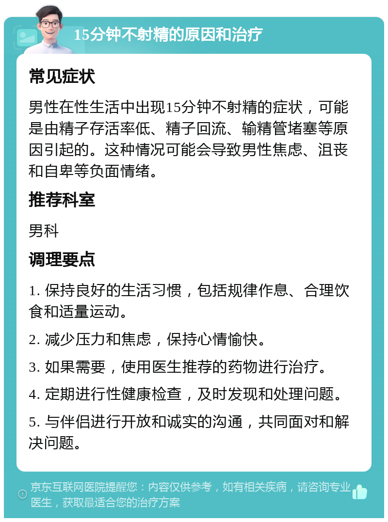 15分钟不射精的原因和治疗 常见症状 男性在性生活中出现15分钟不射精的症状，可能是由精子存活率低、精子回流、输精管堵塞等原因引起的。这种情况可能会导致男性焦虑、沮丧和自卑等负面情绪。 推荐科室 男科 调理要点 1. 保持良好的生活习惯，包括规律作息、合理饮食和适量运动。 2. 减少压力和焦虑，保持心情愉快。 3. 如果需要，使用医生推荐的药物进行治疗。 4. 定期进行性健康检查，及时发现和处理问题。 5. 与伴侣进行开放和诚实的沟通，共同面对和解决问题。