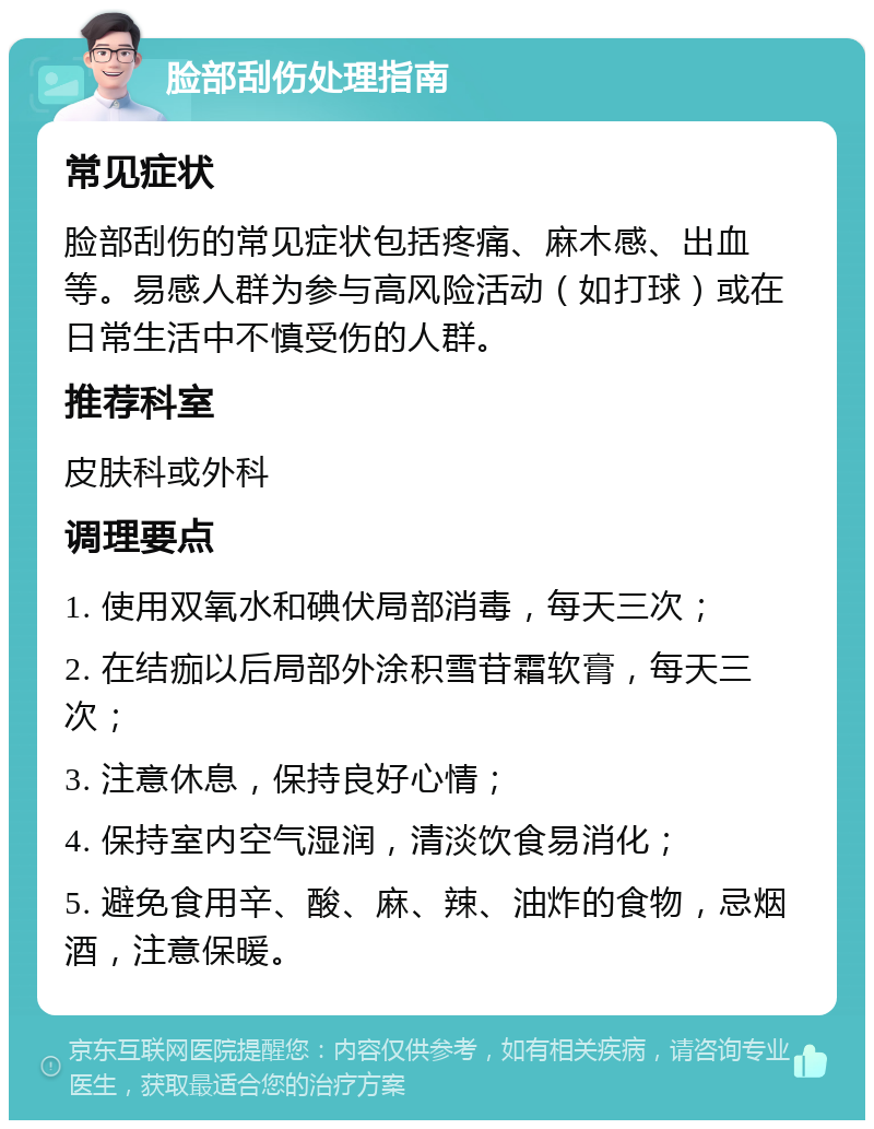 脸部刮伤处理指南 常见症状 脸部刮伤的常见症状包括疼痛、麻木感、出血等。易感人群为参与高风险活动（如打球）或在日常生活中不慎受伤的人群。 推荐科室 皮肤科或外科 调理要点 1. 使用双氧水和碘伏局部消毒，每天三次； 2. 在结痂以后局部外涂积雪苷霜软膏，每天三次； 3. 注意休息，保持良好心情； 4. 保持室内空气湿润，清淡饮食易消化； 5. 避免食用辛、酸、麻、辣、油炸的食物，忌烟酒，注意保暖。