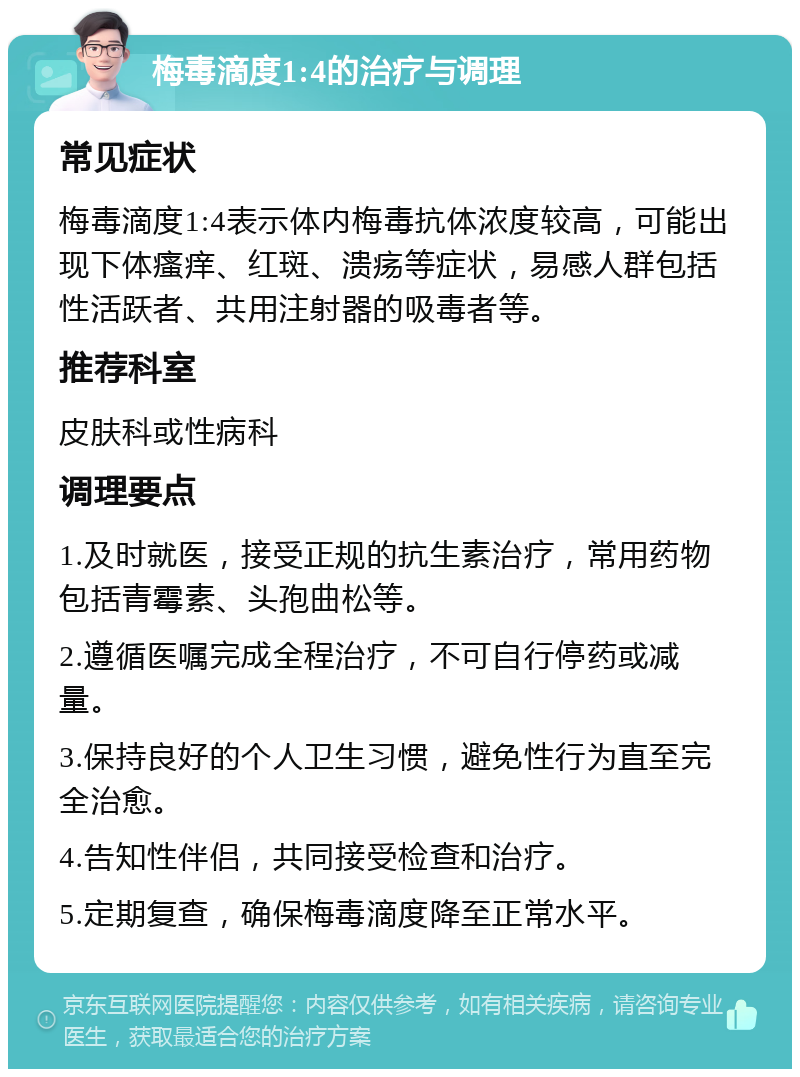 梅毒滴度1:4的治疗与调理 常见症状 梅毒滴度1:4表示体内梅毒抗体浓度较高，可能出现下体瘙痒、红斑、溃疡等症状，易感人群包括性活跃者、共用注射器的吸毒者等。 推荐科室 皮肤科或性病科 调理要点 1.及时就医，接受正规的抗生素治疗，常用药物包括青霉素、头孢曲松等。 2.遵循医嘱完成全程治疗，不可自行停药或减量。 3.保持良好的个人卫生习惯，避免性行为直至完全治愈。 4.告知性伴侣，共同接受检查和治疗。 5.定期复查，确保梅毒滴度降至正常水平。