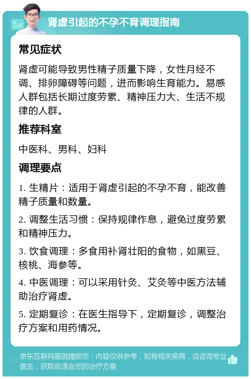 肾虚引起的不孕不育调理指南 常见症状 肾虚可能导致男性精子质量下降，女性月经不调、排卵障碍等问题，进而影响生育能力。易感人群包括长期过度劳累、精神压力大、生活不规律的人群。 推荐科室 中医科、男科、妇科 调理要点 1. 生精片：适用于肾虚引起的不孕不育，能改善精子质量和数量。 2. 调整生活习惯：保持规律作息，避免过度劳累和精神压力。 3. 饮食调理：多食用补肾壮阳的食物，如黑豆、核桃、海参等。 4. 中医调理：可以采用针灸、艾灸等中医方法辅助治疗肾虚。 5. 定期复诊：在医生指导下，定期复诊，调整治疗方案和用药情况。