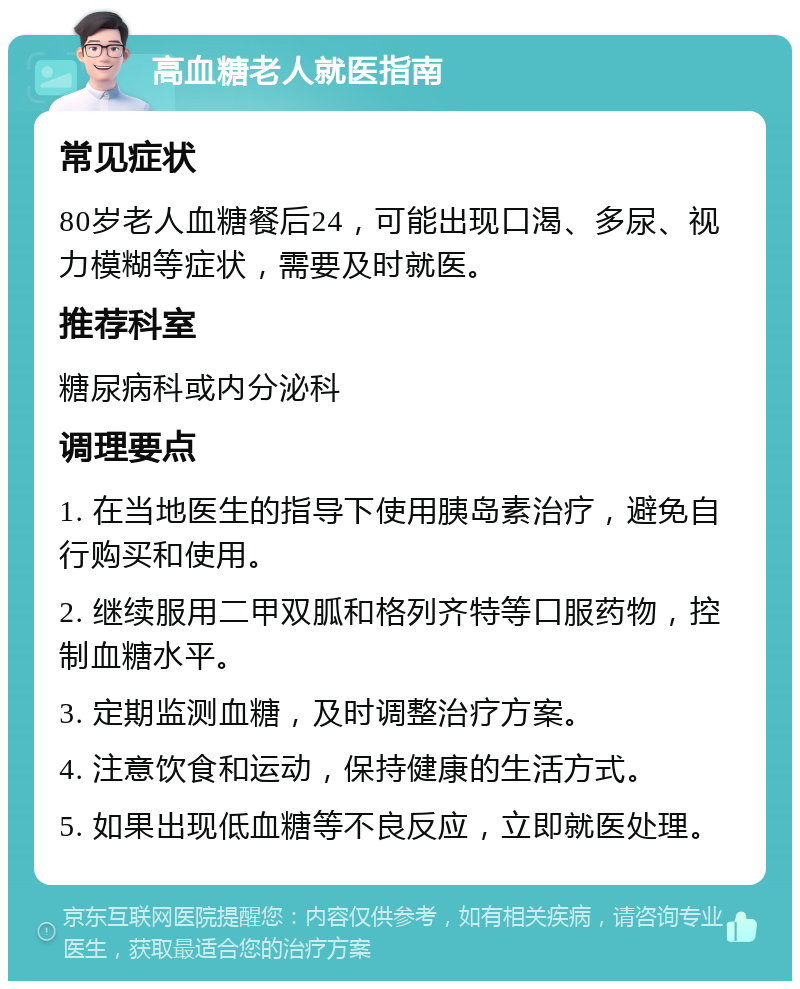 高血糖老人就医指南 常见症状 80岁老人血糖餐后24，可能出现口渴、多尿、视力模糊等症状，需要及时就医。 推荐科室 糖尿病科或内分泌科 调理要点 1. 在当地医生的指导下使用胰岛素治疗，避免自行购买和使用。 2. 继续服用二甲双胍和格列齐特等口服药物，控制血糖水平。 3. 定期监测血糖，及时调整治疗方案。 4. 注意饮食和运动，保持健康的生活方式。 5. 如果出现低血糖等不良反应，立即就医处理。