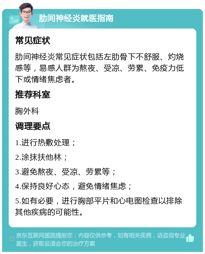 肋间神经炎就医指南 常见症状 肋间神经炎常见症状包括左肋骨下不舒服、灼烧感等，易感人群为熬夜、受凉、劳累、免疫力低下或情绪焦虑者。 推荐科室 胸外科 调理要点 1.进行热敷处理； 2.涂抹扶他林； 3.避免熬夜、受凉、劳累等； 4.保持良好心态，避免情绪焦虑； 5.如有必要，进行胸部平片和心电图检查以排除其他疾病的可能性。