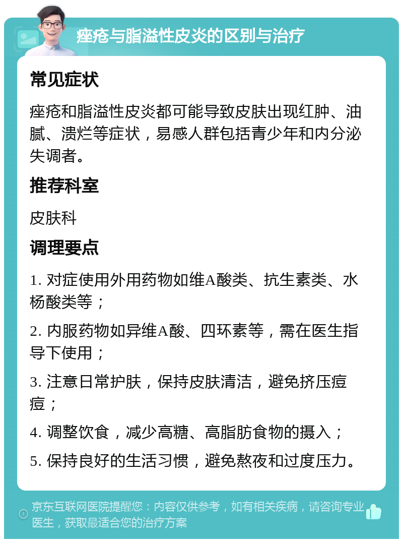 痤疮与脂溢性皮炎的区别与治疗 常见症状 痤疮和脂溢性皮炎都可能导致皮肤出现红肿、油腻、溃烂等症状，易感人群包括青少年和内分泌失调者。 推荐科室 皮肤科 调理要点 1. 对症使用外用药物如维A酸类、抗生素类、水杨酸类等； 2. 内服药物如异维A酸、四环素等，需在医生指导下使用； 3. 注意日常护肤，保持皮肤清洁，避免挤压痘痘； 4. 调整饮食，减少高糖、高脂肪食物的摄入； 5. 保持良好的生活习惯，避免熬夜和过度压力。