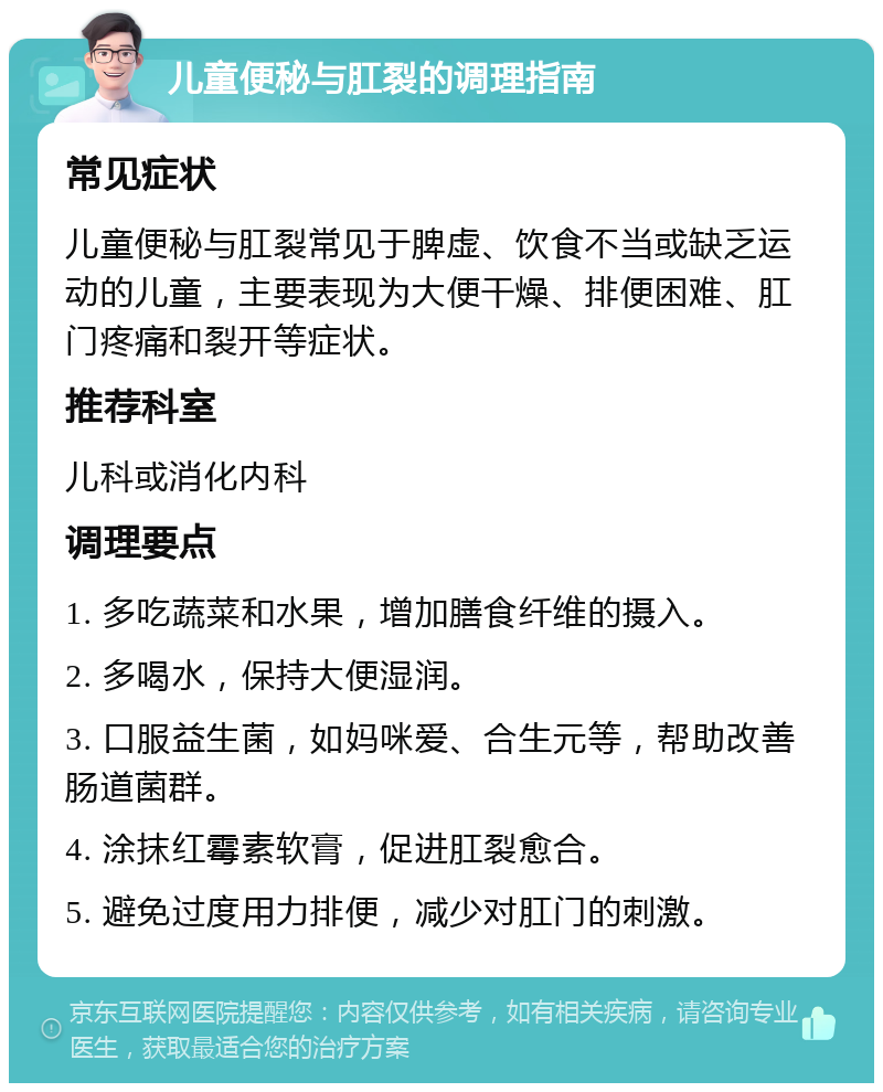 儿童便秘与肛裂的调理指南 常见症状 儿童便秘与肛裂常见于脾虚、饮食不当或缺乏运动的儿童，主要表现为大便干燥、排便困难、肛门疼痛和裂开等症状。 推荐科室 儿科或消化内科 调理要点 1. 多吃蔬菜和水果，增加膳食纤维的摄入。 2. 多喝水，保持大便湿润。 3. 口服益生菌，如妈咪爱、合生元等，帮助改善肠道菌群。 4. 涂抹红霉素软膏，促进肛裂愈合。 5. 避免过度用力排便，减少对肛门的刺激。