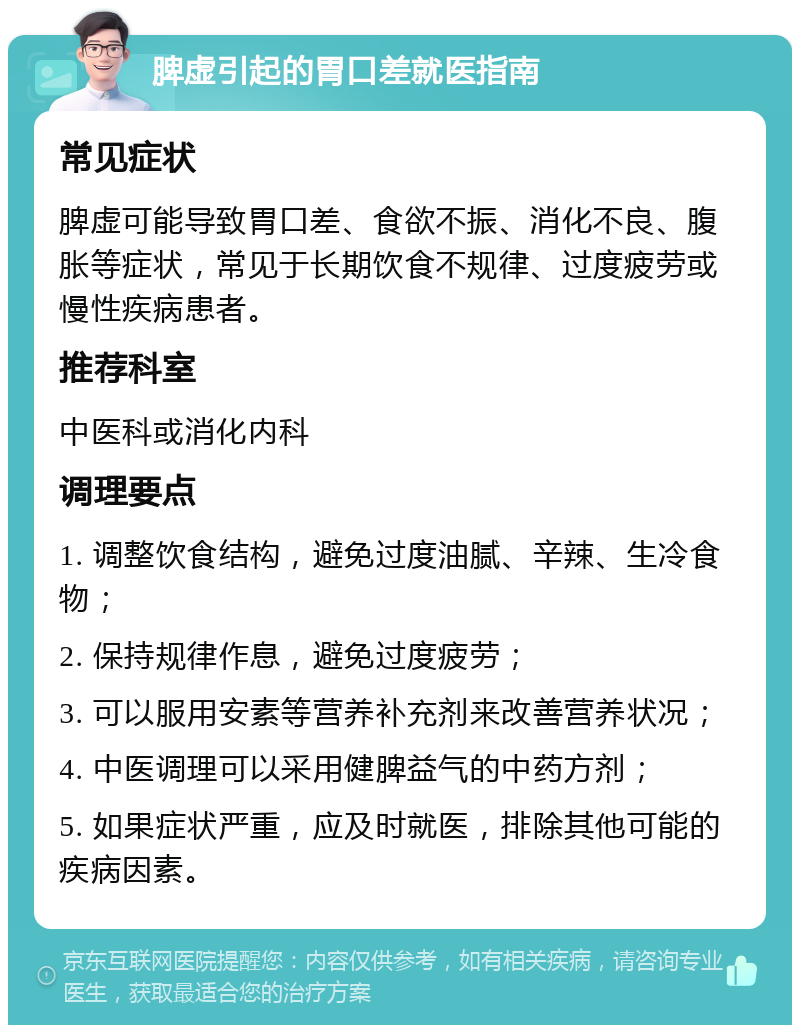 脾虚引起的胃口差就医指南 常见症状 脾虚可能导致胃口差、食欲不振、消化不良、腹胀等症状，常见于长期饮食不规律、过度疲劳或慢性疾病患者。 推荐科室 中医科或消化内科 调理要点 1. 调整饮食结构，避免过度油腻、辛辣、生冷食物； 2. 保持规律作息，避免过度疲劳； 3. 可以服用安素等营养补充剂来改善营养状况； 4. 中医调理可以采用健脾益气的中药方剂； 5. 如果症状严重，应及时就医，排除其他可能的疾病因素。