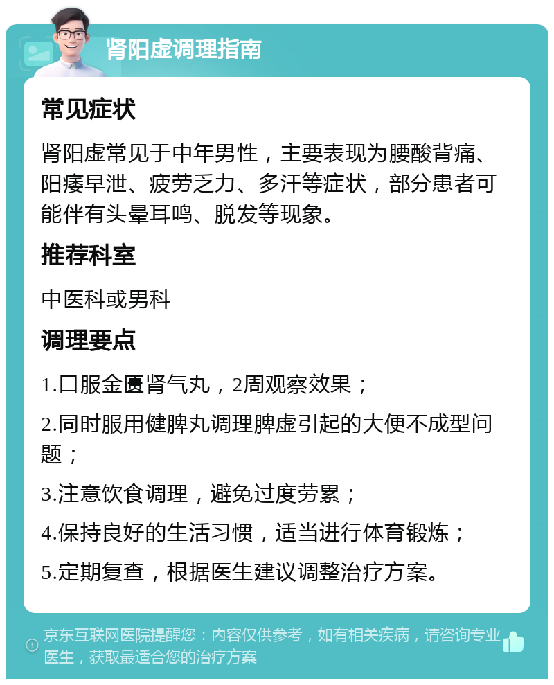 肾阳虚调理指南 常见症状 肾阳虚常见于中年男性，主要表现为腰酸背痛、阳痿早泄、疲劳乏力、多汗等症状，部分患者可能伴有头晕耳鸣、脱发等现象。 推荐科室 中医科或男科 调理要点 1.口服金匮肾气丸，2周观察效果； 2.同时服用健脾丸调理脾虚引起的大便不成型问题； 3.注意饮食调理，避免过度劳累； 4.保持良好的生活习惯，适当进行体育锻炼； 5.定期复查，根据医生建议调整治疗方案。