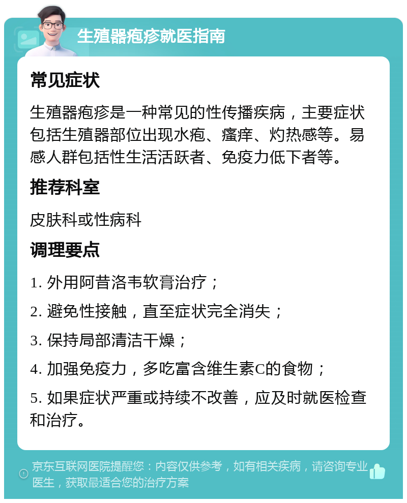 生殖器疱疹就医指南 常见症状 生殖器疱疹是一种常见的性传播疾病，主要症状包括生殖器部位出现水疱、瘙痒、灼热感等。易感人群包括性生活活跃者、免疫力低下者等。 推荐科室 皮肤科或性病科 调理要点 1. 外用阿昔洛韦软膏治疗； 2. 避免性接触，直至症状完全消失； 3. 保持局部清洁干燥； 4. 加强免疫力，多吃富含维生素C的食物； 5. 如果症状严重或持续不改善，应及时就医检查和治疗。