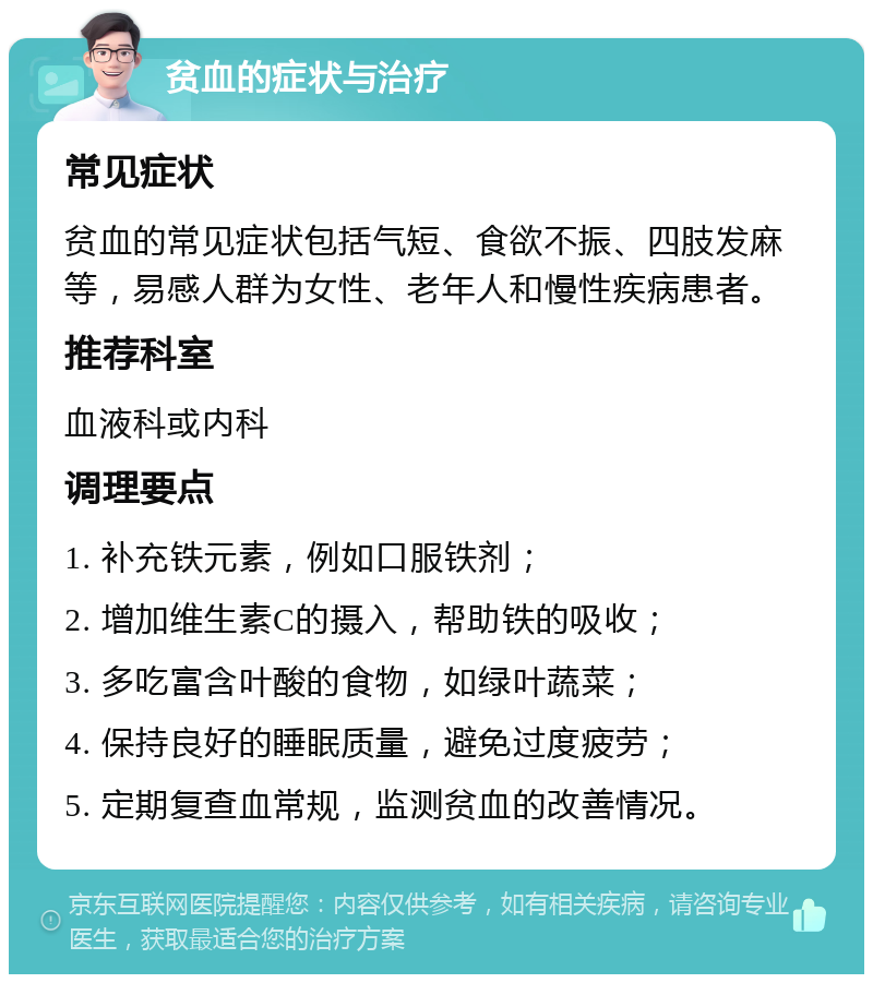 贫血的症状与治疗 常见症状 贫血的常见症状包括气短、食欲不振、四肢发麻等，易感人群为女性、老年人和慢性疾病患者。 推荐科室 血液科或内科 调理要点 1. 补充铁元素，例如口服铁剂； 2. 增加维生素C的摄入，帮助铁的吸收； 3. 多吃富含叶酸的食物，如绿叶蔬菜； 4. 保持良好的睡眠质量，避免过度疲劳； 5. 定期复查血常规，监测贫血的改善情况。