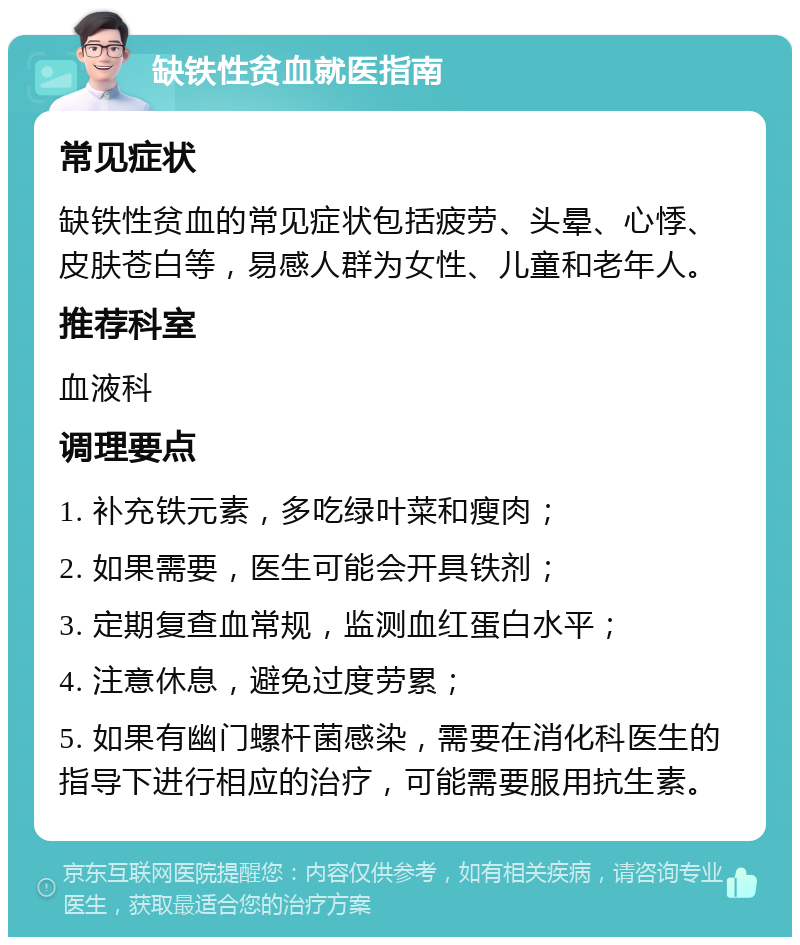 缺铁性贫血就医指南 常见症状 缺铁性贫血的常见症状包括疲劳、头晕、心悸、皮肤苍白等，易感人群为女性、儿童和老年人。 推荐科室 血液科 调理要点 1. 补充铁元素，多吃绿叶菜和瘦肉； 2. 如果需要，医生可能会开具铁剂； 3. 定期复查血常规，监测血红蛋白水平； 4. 注意休息，避免过度劳累； 5. 如果有幽门螺杆菌感染，需要在消化科医生的指导下进行相应的治疗，可能需要服用抗生素。