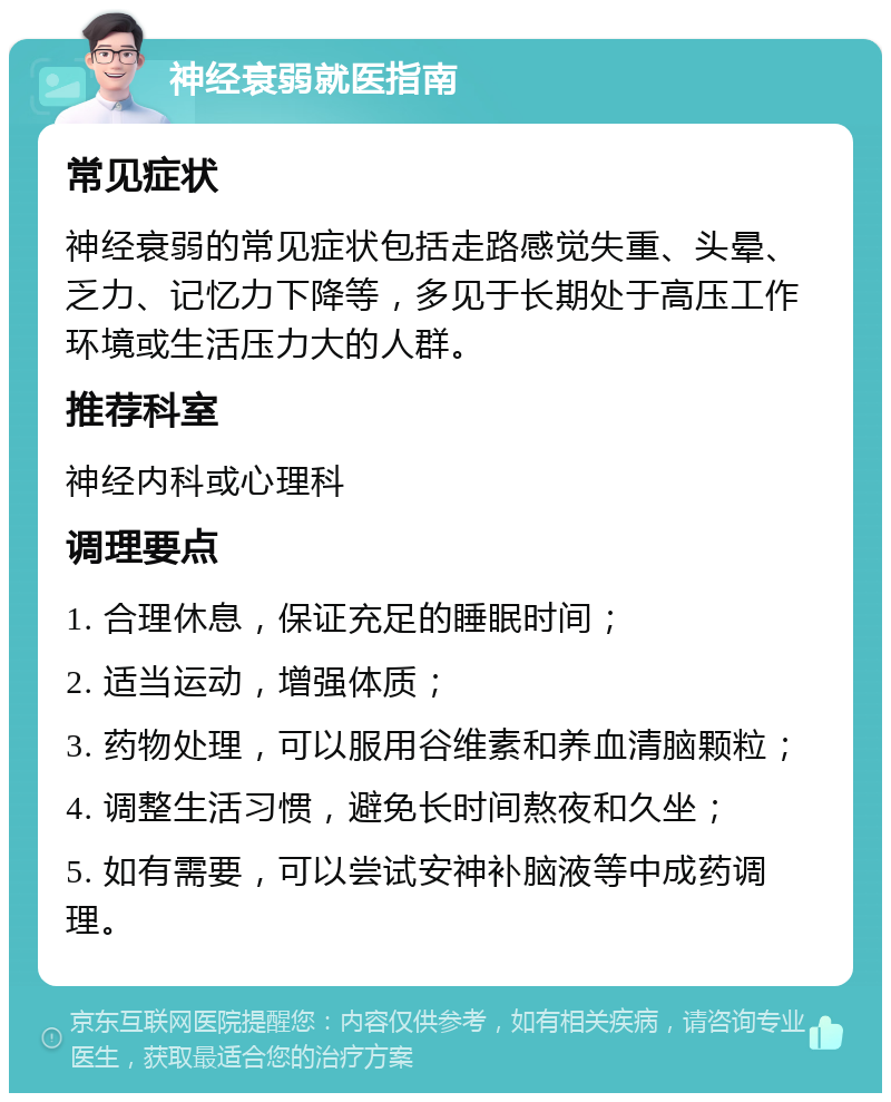 神经衰弱就医指南 常见症状 神经衰弱的常见症状包括走路感觉失重、头晕、乏力、记忆力下降等，多见于长期处于高压工作环境或生活压力大的人群。 推荐科室 神经内科或心理科 调理要点 1. 合理休息，保证充足的睡眠时间； 2. 适当运动，增强体质； 3. 药物处理，可以服用谷维素和养血清脑颗粒； 4. 调整生活习惯，避免长时间熬夜和久坐； 5. 如有需要，可以尝试安神补脑液等中成药调理。