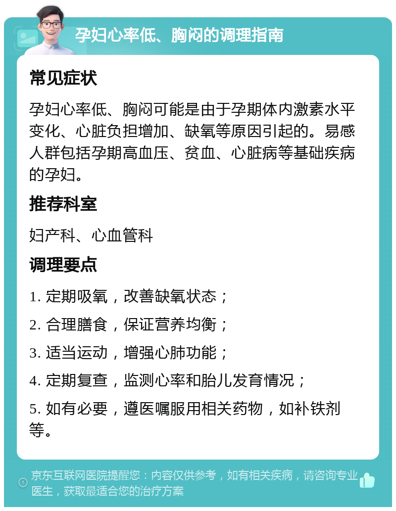 孕妇心率低、胸闷的调理指南 常见症状 孕妇心率低、胸闷可能是由于孕期体内激素水平变化、心脏负担增加、缺氧等原因引起的。易感人群包括孕期高血压、贫血、心脏病等基础疾病的孕妇。 推荐科室 妇产科、心血管科 调理要点 1. 定期吸氧，改善缺氧状态； 2. 合理膳食，保证营养均衡； 3. 适当运动，增强心肺功能； 4. 定期复查，监测心率和胎儿发育情况； 5. 如有必要，遵医嘱服用相关药物，如补铁剂等。