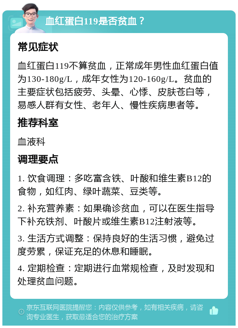 血红蛋白119是否贫血？ 常见症状 血红蛋白119不算贫血，正常成年男性血红蛋白值为130-180g/L，成年女性为120-160g/L。贫血的主要症状包括疲劳、头晕、心悸、皮肤苍白等，易感人群有女性、老年人、慢性疾病患者等。 推荐科室 血液科 调理要点 1. 饮食调理：多吃富含铁、叶酸和维生素B12的食物，如红肉、绿叶蔬菜、豆类等。 2. 补充营养素：如果确诊贫血，可以在医生指导下补充铁剂、叶酸片或维生素B12注射液等。 3. 生活方式调整：保持良好的生活习惯，避免过度劳累，保证充足的休息和睡眠。 4. 定期检查：定期进行血常规检查，及时发现和处理贫血问题。