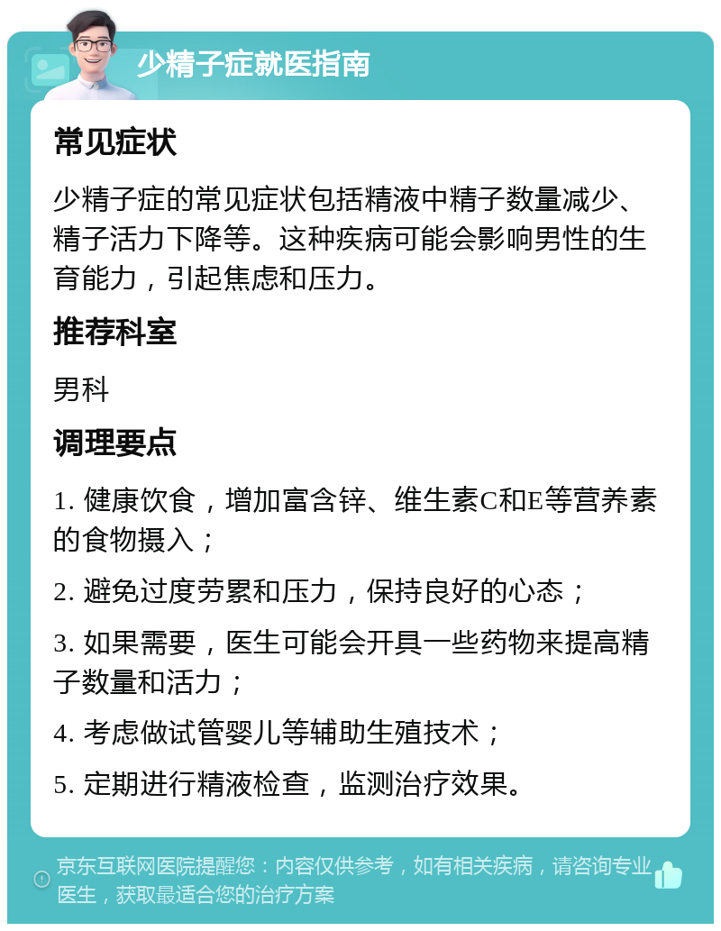 少精子症就医指南 常见症状 少精子症的常见症状包括精液中精子数量减少、精子活力下降等。这种疾病可能会影响男性的生育能力，引起焦虑和压力。 推荐科室 男科 调理要点 1. 健康饮食，增加富含锌、维生素C和E等营养素的食物摄入； 2. 避免过度劳累和压力，保持良好的心态； 3. 如果需要，医生可能会开具一些药物来提高精子数量和活力； 4. 考虑做试管婴儿等辅助生殖技术； 5. 定期进行精液检查，监测治疗效果。