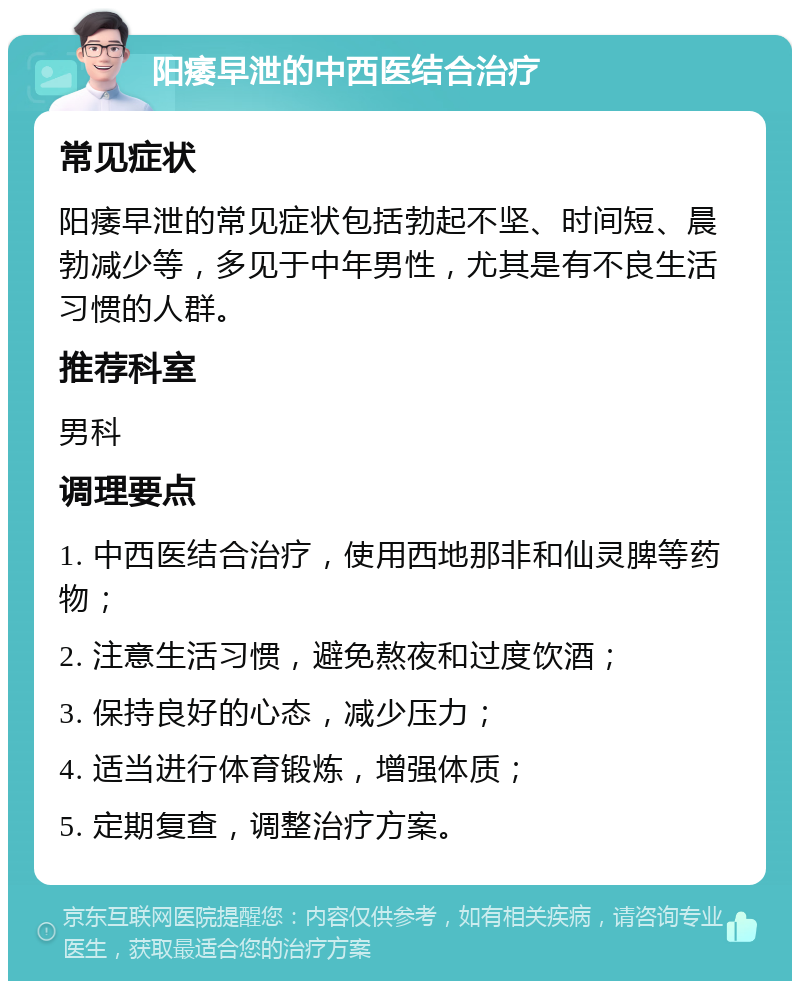 阳痿早泄的中西医结合治疗 常见症状 阳痿早泄的常见症状包括勃起不坚、时间短、晨勃减少等，多见于中年男性，尤其是有不良生活习惯的人群。 推荐科室 男科 调理要点 1. 中西医结合治疗，使用西地那非和仙灵脾等药物； 2. 注意生活习惯，避免熬夜和过度饮酒； 3. 保持良好的心态，减少压力； 4. 适当进行体育锻炼，增强体质； 5. 定期复查，调整治疗方案。