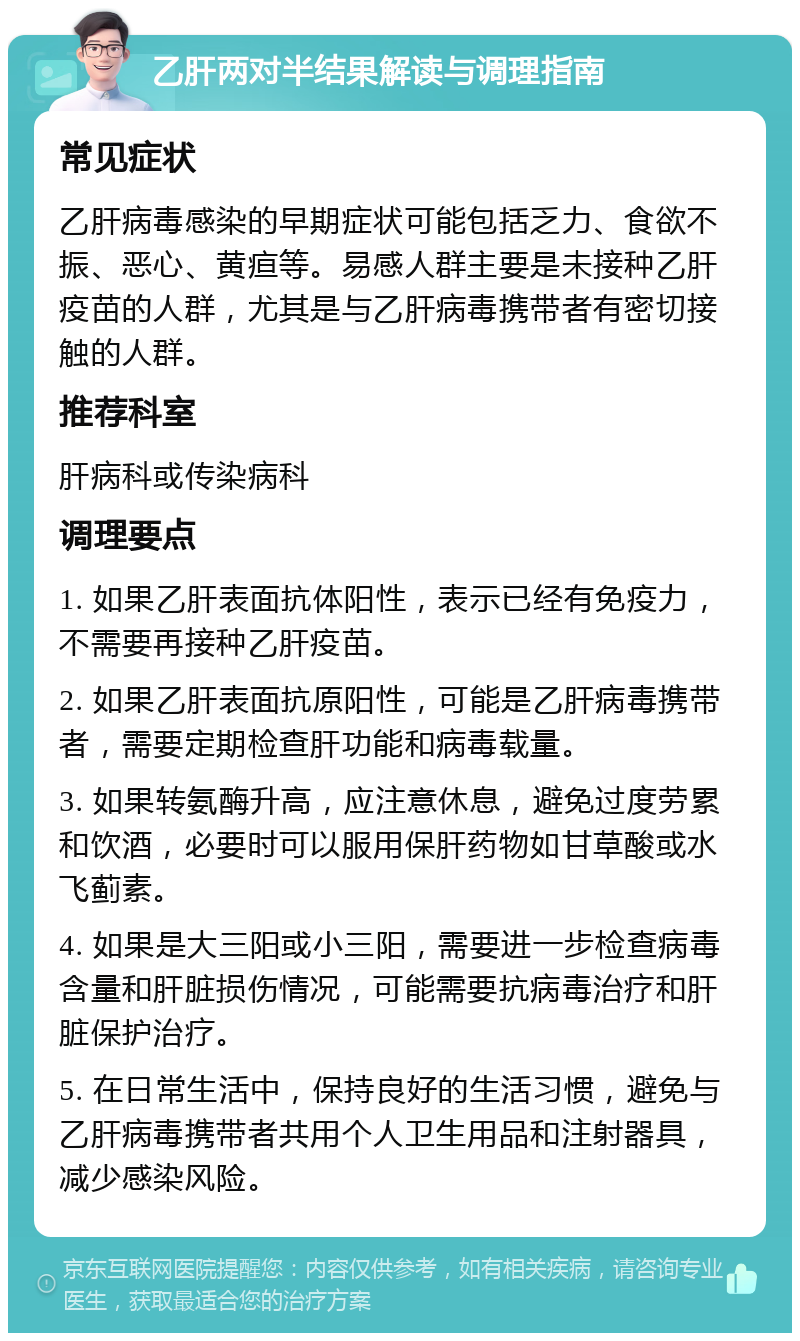 乙肝两对半结果解读与调理指南 常见症状 乙肝病毒感染的早期症状可能包括乏力、食欲不振、恶心、黄疸等。易感人群主要是未接种乙肝疫苗的人群，尤其是与乙肝病毒携带者有密切接触的人群。 推荐科室 肝病科或传染病科 调理要点 1. 如果乙肝表面抗体阳性，表示已经有免疫力，不需要再接种乙肝疫苗。 2. 如果乙肝表面抗原阳性，可能是乙肝病毒携带者，需要定期检查肝功能和病毒载量。 3. 如果转氨酶升高，应注意休息，避免过度劳累和饮酒，必要时可以服用保肝药物如甘草酸或水飞蓟素。 4. 如果是大三阳或小三阳，需要进一步检查病毒含量和肝脏损伤情况，可能需要抗病毒治疗和肝脏保护治疗。 5. 在日常生活中，保持良好的生活习惯，避免与乙肝病毒携带者共用个人卫生用品和注射器具，减少感染风险。