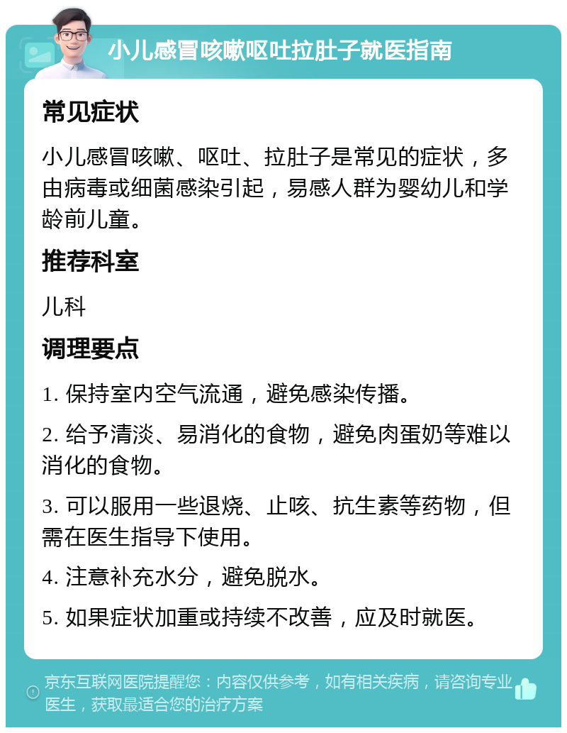 小儿感冒咳嗽呕吐拉肚子就医指南 常见症状 小儿感冒咳嗽、呕吐、拉肚子是常见的症状，多由病毒或细菌感染引起，易感人群为婴幼儿和学龄前儿童。 推荐科室 儿科 调理要点 1. 保持室内空气流通，避免感染传播。 2. 给予清淡、易消化的食物，避免肉蛋奶等难以消化的食物。 3. 可以服用一些退烧、止咳、抗生素等药物，但需在医生指导下使用。 4. 注意补充水分，避免脱水。 5. 如果症状加重或持续不改善，应及时就医。