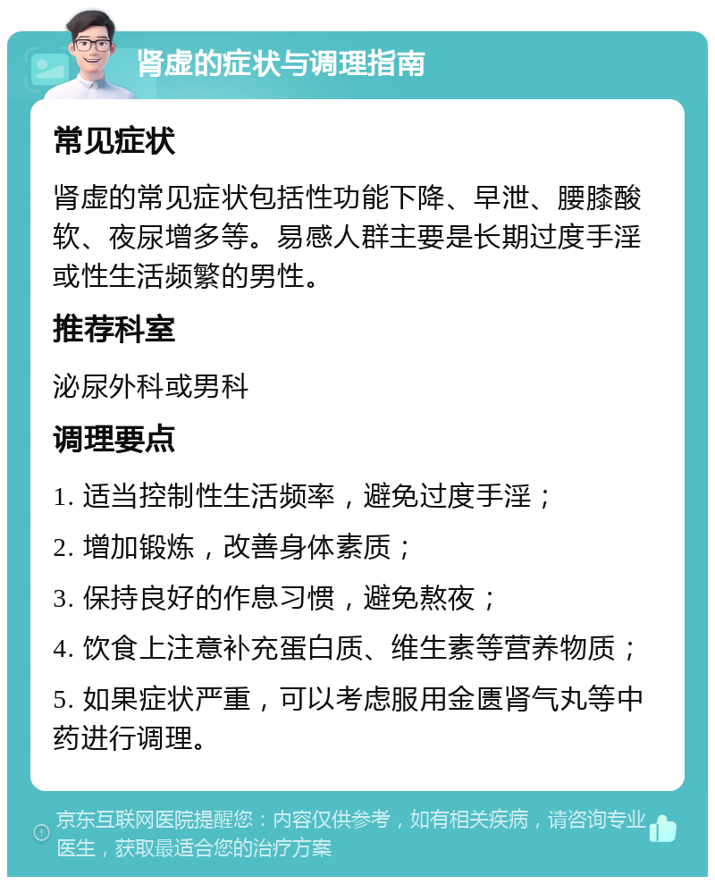 肾虚的症状与调理指南 常见症状 肾虚的常见症状包括性功能下降、早泄、腰膝酸软、夜尿增多等。易感人群主要是长期过度手淫或性生活频繁的男性。 推荐科室 泌尿外科或男科 调理要点 1. 适当控制性生活频率，避免过度手淫； 2. 增加锻炼，改善身体素质； 3. 保持良好的作息习惯，避免熬夜； 4. 饮食上注意补充蛋白质、维生素等营养物质； 5. 如果症状严重，可以考虑服用金匮肾气丸等中药进行调理。