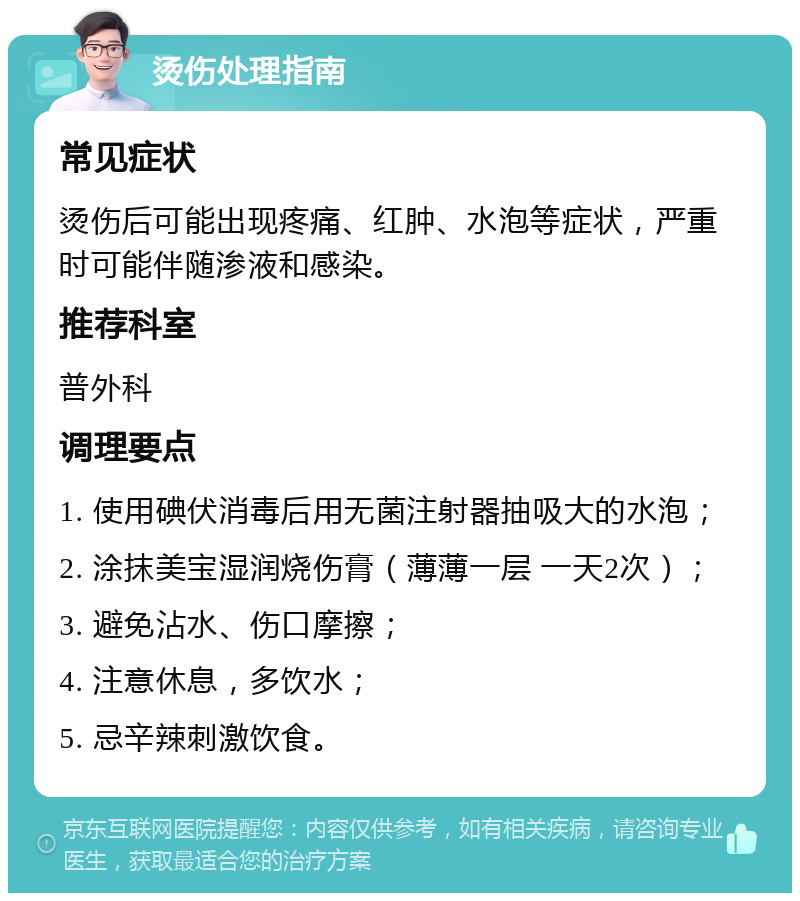 烫伤处理指南 常见症状 烫伤后可能出现疼痛、红肿、水泡等症状，严重时可能伴随渗液和感染。 推荐科室 普外科 调理要点 1. 使用碘伏消毒后用无菌注射器抽吸大的水泡； 2. 涂抹美宝湿润烧伤膏（薄薄一层 一天2次）； 3. 避免沾水、伤口摩擦； 4. 注意休息，多饮水； 5. 忌辛辣刺激饮食。