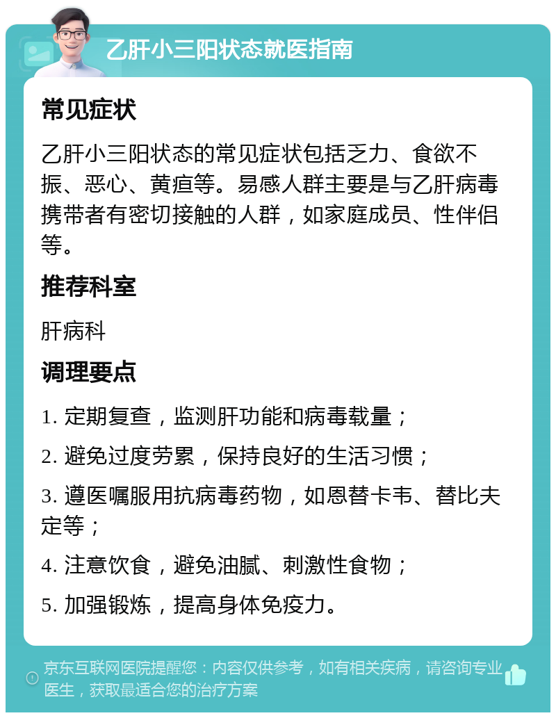 乙肝小三阳状态就医指南 常见症状 乙肝小三阳状态的常见症状包括乏力、食欲不振、恶心、黄疸等。易感人群主要是与乙肝病毒携带者有密切接触的人群，如家庭成员、性伴侣等。 推荐科室 肝病科 调理要点 1. 定期复查，监测肝功能和病毒载量； 2. 避免过度劳累，保持良好的生活习惯； 3. 遵医嘱服用抗病毒药物，如恩替卡韦、替比夫定等； 4. 注意饮食，避免油腻、刺激性食物； 5. 加强锻炼，提高身体免疫力。