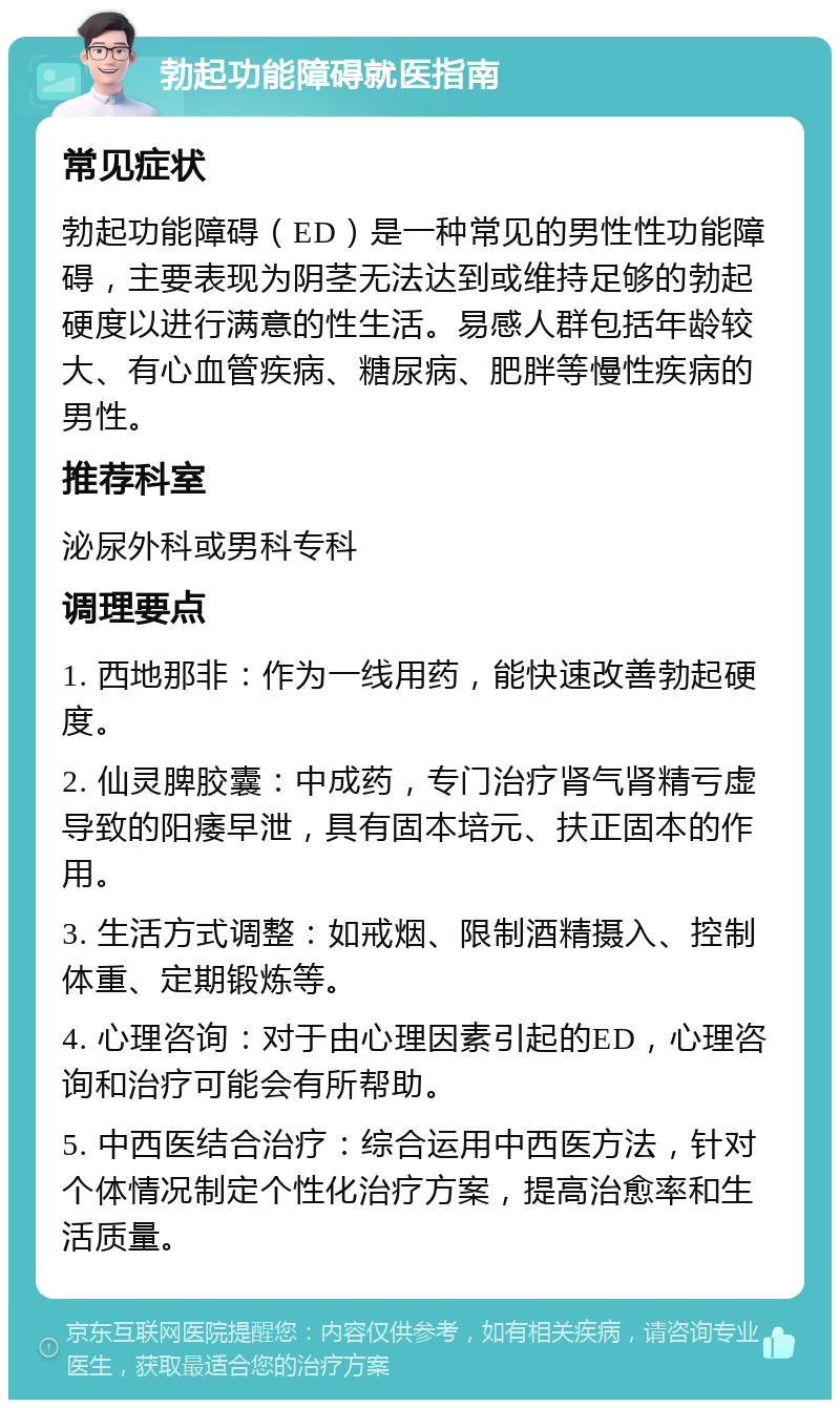 勃起功能障碍就医指南 常见症状 勃起功能障碍（ED）是一种常见的男性性功能障碍，主要表现为阴茎无法达到或维持足够的勃起硬度以进行满意的性生活。易感人群包括年龄较大、有心血管疾病、糖尿病、肥胖等慢性疾病的男性。 推荐科室 泌尿外科或男科专科 调理要点 1. 西地那非：作为一线用药，能快速改善勃起硬度。 2. 仙灵脾胶囊：中成药，专门治疗肾气肾精亏虚导致的阳痿早泄，具有固本培元、扶正固本的作用。 3. 生活方式调整：如戒烟、限制酒精摄入、控制体重、定期锻炼等。 4. 心理咨询：对于由心理因素引起的ED，心理咨询和治疗可能会有所帮助。 5. 中西医结合治疗：综合运用中西医方法，针对个体情况制定个性化治疗方案，提高治愈率和生活质量。