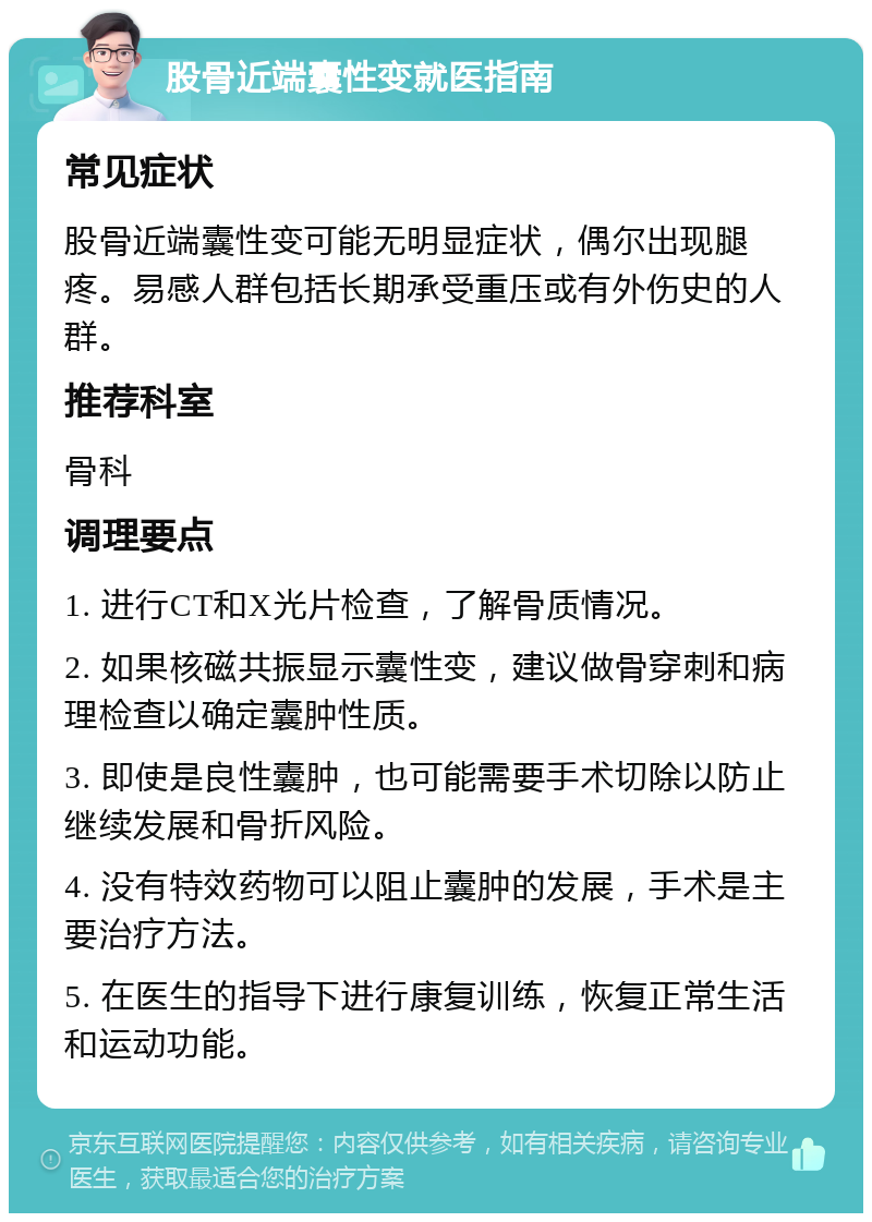 股骨近端囊性变就医指南 常见症状 股骨近端囊性变可能无明显症状，偶尔出现腿疼。易感人群包括长期承受重压或有外伤史的人群。 推荐科室 骨科 调理要点 1. 进行CT和X光片检查，了解骨质情况。 2. 如果核磁共振显示囊性变，建议做骨穿刺和病理检查以确定囊肿性质。 3. 即使是良性囊肿，也可能需要手术切除以防止继续发展和骨折风险。 4. 没有特效药物可以阻止囊肿的发展，手术是主要治疗方法。 5. 在医生的指导下进行康复训练，恢复正常生活和运动功能。