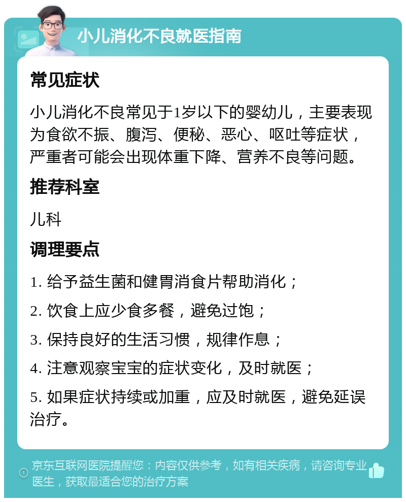 小儿消化不良就医指南 常见症状 小儿消化不良常见于1岁以下的婴幼儿，主要表现为食欲不振、腹泻、便秘、恶心、呕吐等症状，严重者可能会出现体重下降、营养不良等问题。 推荐科室 儿科 调理要点 1. 给予益生菌和健胃消食片帮助消化； 2. 饮食上应少食多餐，避免过饱； 3. 保持良好的生活习惯，规律作息； 4. 注意观察宝宝的症状变化，及时就医； 5. 如果症状持续或加重，应及时就医，避免延误治疗。