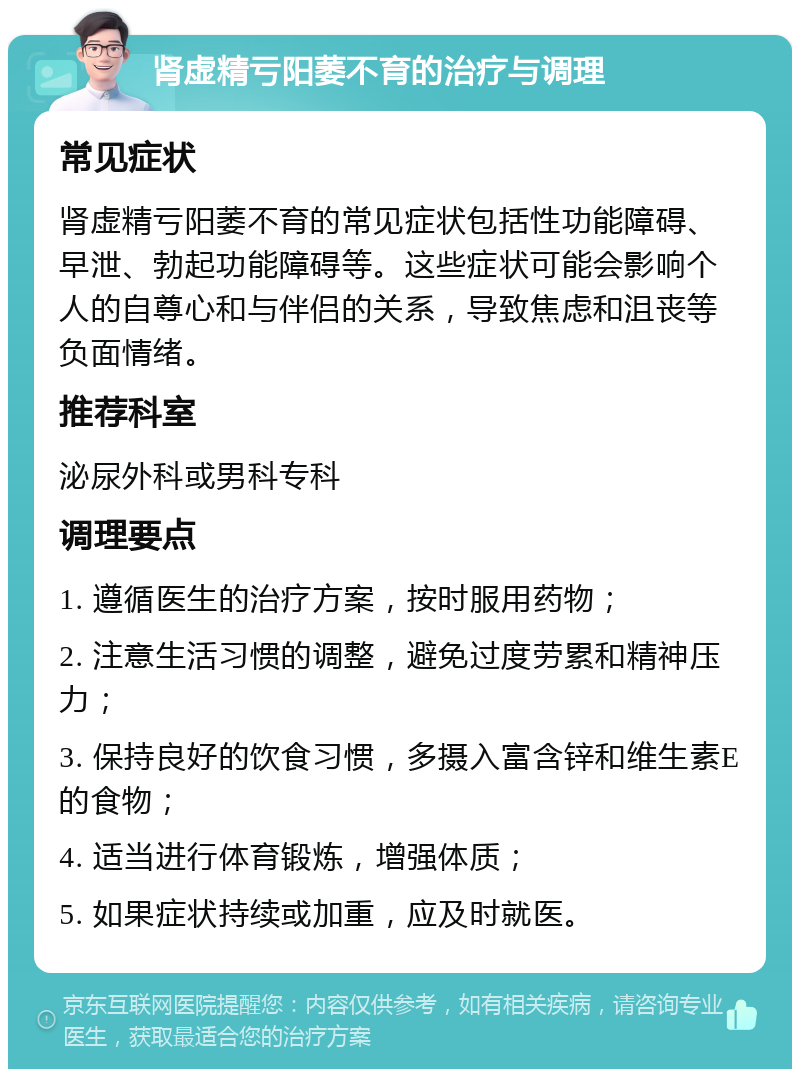 肾虚精亏阳萎不育的治疗与调理 常见症状 肾虚精亏阳萎不育的常见症状包括性功能障碍、早泄、勃起功能障碍等。这些症状可能会影响个人的自尊心和与伴侣的关系，导致焦虑和沮丧等负面情绪。 推荐科室 泌尿外科或男科专科 调理要点 1. 遵循医生的治疗方案，按时服用药物； 2. 注意生活习惯的调整，避免过度劳累和精神压力； 3. 保持良好的饮食习惯，多摄入富含锌和维生素E的食物； 4. 适当进行体育锻炼，增强体质； 5. 如果症状持续或加重，应及时就医。