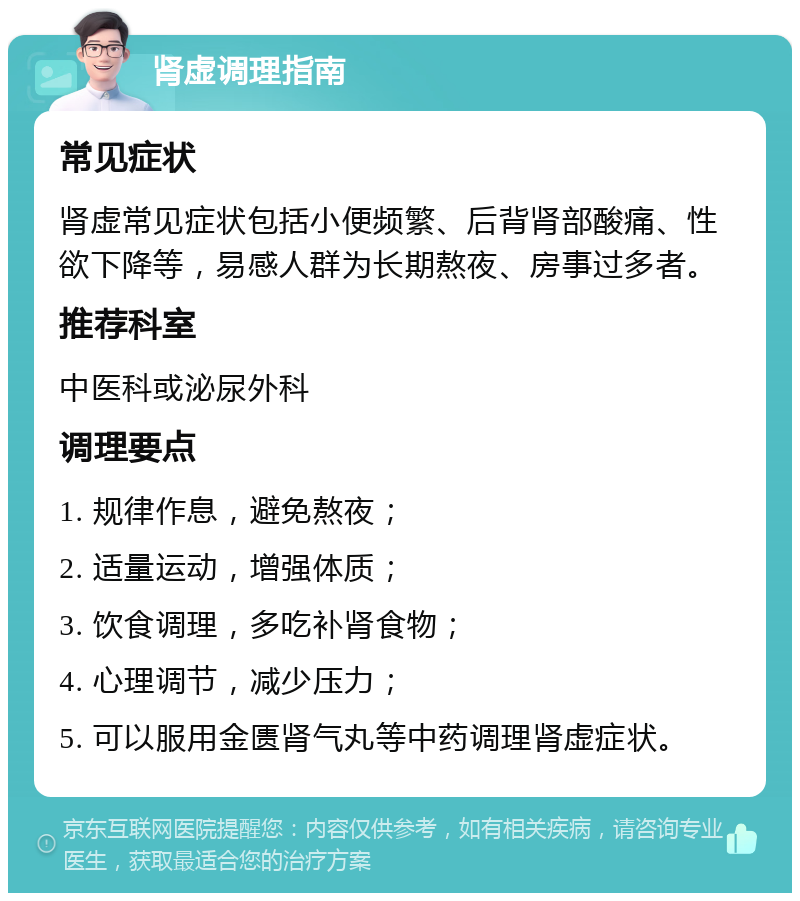 肾虚调理指南 常见症状 肾虚常见症状包括小便频繁、后背肾部酸痛、性欲下降等，易感人群为长期熬夜、房事过多者。 推荐科室 中医科或泌尿外科 调理要点 1. 规律作息，避免熬夜； 2. 适量运动，增强体质； 3. 饮食调理，多吃补肾食物； 4. 心理调节，减少压力； 5. 可以服用金匮肾气丸等中药调理肾虚症状。