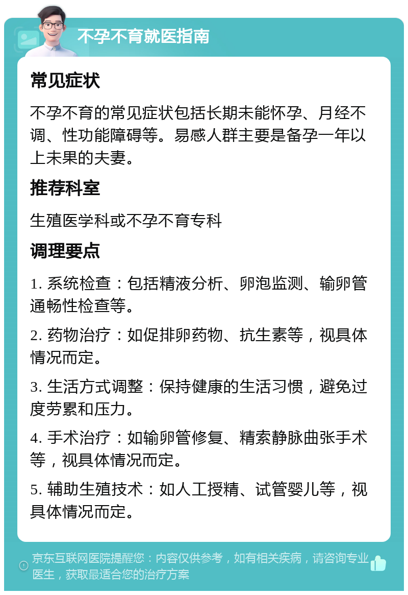 不孕不育就医指南 常见症状 不孕不育的常见症状包括长期未能怀孕、月经不调、性功能障碍等。易感人群主要是备孕一年以上未果的夫妻。 推荐科室 生殖医学科或不孕不育专科 调理要点 1. 系统检查：包括精液分析、卵泡监测、输卵管通畅性检查等。 2. 药物治疗：如促排卵药物、抗生素等，视具体情况而定。 3. 生活方式调整：保持健康的生活习惯，避免过度劳累和压力。 4. 手术治疗：如输卵管修复、精索静脉曲张手术等，视具体情况而定。 5. 辅助生殖技术：如人工授精、试管婴儿等，视具体情况而定。