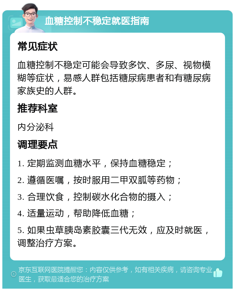 血糖控制不稳定就医指南 常见症状 血糖控制不稳定可能会导致多饮、多尿、视物模糊等症状，易感人群包括糖尿病患者和有糖尿病家族史的人群。 推荐科室 内分泌科 调理要点 1. 定期监测血糖水平，保持血糖稳定； 2. 遵循医嘱，按时服用二甲双胍等药物； 3. 合理饮食，控制碳水化合物的摄入； 4. 适量运动，帮助降低血糖； 5. 如果虫草胰岛素胶囊三代无效，应及时就医，调整治疗方案。