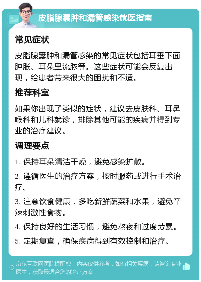 皮脂腺囊肿和漏管感染就医指南 常见症状 皮脂腺囊肿和漏管感染的常见症状包括耳垂下面肿胀、耳朵里流脓等。这些症状可能会反复出现，给患者带来很大的困扰和不适。 推荐科室 如果你出现了类似的症状，建议去皮肤科、耳鼻喉科和儿科就诊，排除其他可能的疾病并得到专业的治疗建议。 调理要点 1. 保持耳朵清洁干燥，避免感染扩散。 2. 遵循医生的治疗方案，按时服药或进行手术治疗。 3. 注意饮食健康，多吃新鲜蔬菜和水果，避免辛辣刺激性食物。 4. 保持良好的生活习惯，避免熬夜和过度劳累。 5. 定期复查，确保疾病得到有效控制和治疗。