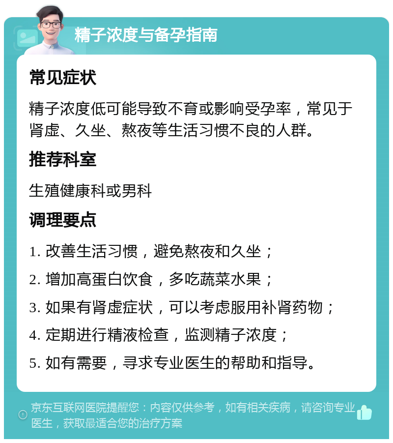 精子浓度与备孕指南 常见症状 精子浓度低可能导致不育或影响受孕率，常见于肾虚、久坐、熬夜等生活习惯不良的人群。 推荐科室 生殖健康科或男科 调理要点 1. 改善生活习惯，避免熬夜和久坐； 2. 增加高蛋白饮食，多吃蔬菜水果； 3. 如果有肾虚症状，可以考虑服用补肾药物； 4. 定期进行精液检查，监测精子浓度； 5. 如有需要，寻求专业医生的帮助和指导。