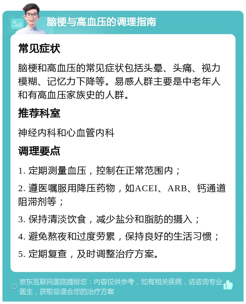 脑梗与高血压的调理指南 常见症状 脑梗和高血压的常见症状包括头晕、头痛、视力模糊、记忆力下降等。易感人群主要是中老年人和有高血压家族史的人群。 推荐科室 神经内科和心血管内科 调理要点 1. 定期测量血压，控制在正常范围内； 2. 遵医嘱服用降压药物，如ACEI、ARB、钙通道阻滞剂等； 3. 保持清淡饮食，减少盐分和脂肪的摄入； 4. 避免熬夜和过度劳累，保持良好的生活习惯； 5. 定期复查，及时调整治疗方案。