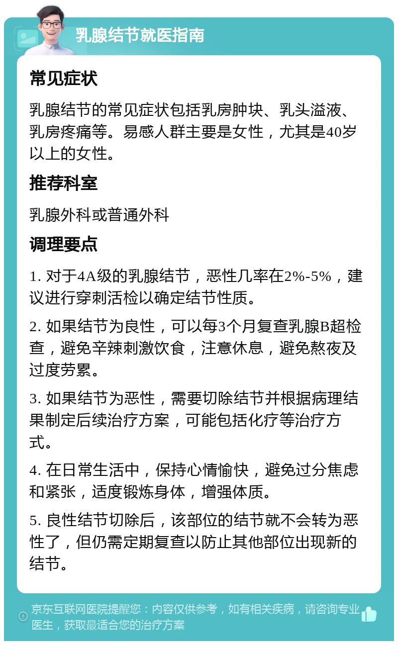 乳腺结节就医指南 常见症状 乳腺结节的常见症状包括乳房肿块、乳头溢液、乳房疼痛等。易感人群主要是女性，尤其是40岁以上的女性。 推荐科室 乳腺外科或普通外科 调理要点 1. 对于4A级的乳腺结节，恶性几率在2%-5%，建议进行穿刺活检以确定结节性质。 2. 如果结节为良性，可以每3个月复查乳腺B超检查，避免辛辣刺激饮食，注意休息，避免熬夜及过度劳累。 3. 如果结节为恶性，需要切除结节并根据病理结果制定后续治疗方案，可能包括化疗等治疗方式。 4. 在日常生活中，保持心情愉快，避免过分焦虑和紧张，适度锻炼身体，增强体质。 5. 良性结节切除后，该部位的结节就不会转为恶性了，但仍需定期复查以防止其他部位出现新的结节。