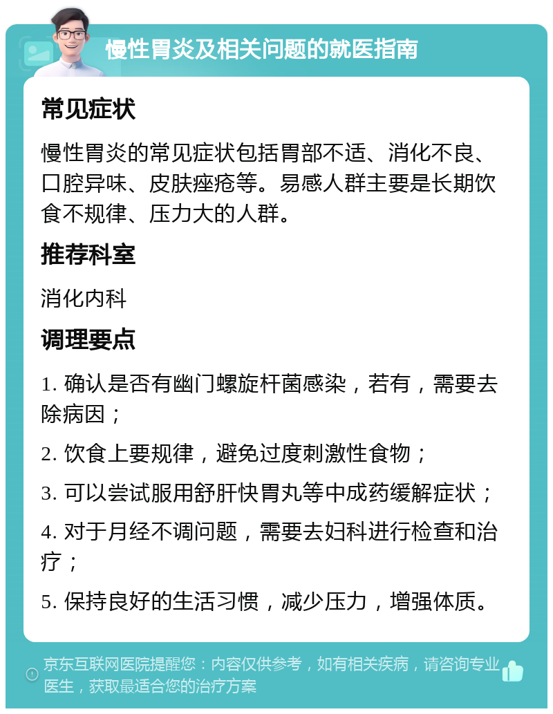 慢性胃炎及相关问题的就医指南 常见症状 慢性胃炎的常见症状包括胃部不适、消化不良、口腔异味、皮肤痤疮等。易感人群主要是长期饮食不规律、压力大的人群。 推荐科室 消化内科 调理要点 1. 确认是否有幽门螺旋杆菌感染，若有，需要去除病因； 2. 饮食上要规律，避免过度刺激性食物； 3. 可以尝试服用舒肝快胃丸等中成药缓解症状； 4. 对于月经不调问题，需要去妇科进行检查和治疗； 5. 保持良好的生活习惯，减少压力，增强体质。