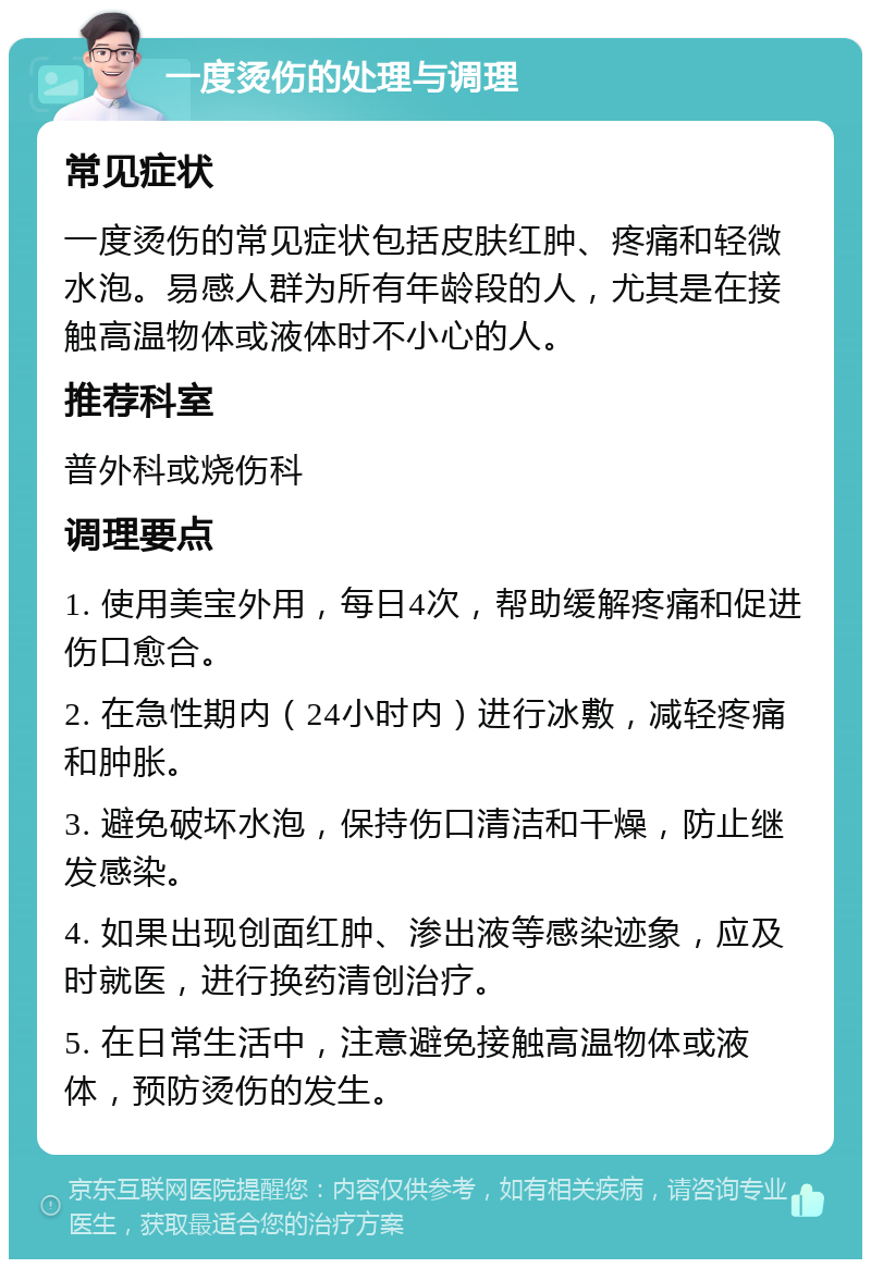 一度烫伤的处理与调理 常见症状 一度烫伤的常见症状包括皮肤红肿、疼痛和轻微水泡。易感人群为所有年龄段的人，尤其是在接触高温物体或液体时不小心的人。 推荐科室 普外科或烧伤科 调理要点 1. 使用美宝外用，每日4次，帮助缓解疼痛和促进伤口愈合。 2. 在急性期内（24小时内）进行冰敷，减轻疼痛和肿胀。 3. 避免破坏水泡，保持伤口清洁和干燥，防止继发感染。 4. 如果出现创面红肿、渗出液等感染迹象，应及时就医，进行换药清创治疗。 5. 在日常生活中，注意避免接触高温物体或液体，预防烫伤的发生。