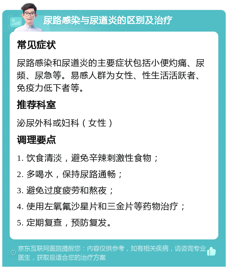 尿路感染与尿道炎的区别及治疗 常见症状 尿路感染和尿道炎的主要症状包括小便灼痛、尿频、尿急等。易感人群为女性、性生活活跃者、免疫力低下者等。 推荐科室 泌尿外科或妇科（女性） 调理要点 1. 饮食清淡，避免辛辣刺激性食物； 2. 多喝水，保持尿路通畅； 3. 避免过度疲劳和熬夜； 4. 使用左氧氟沙星片和三金片等药物治疗； 5. 定期复查，预防复发。