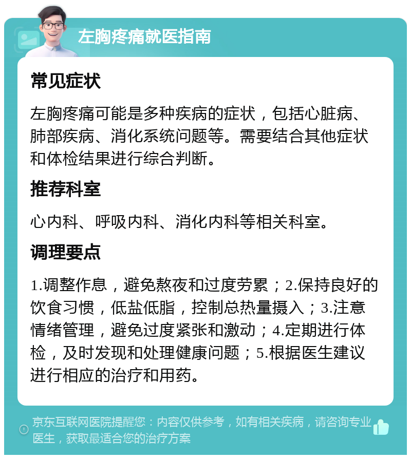 左胸疼痛就医指南 常见症状 左胸疼痛可能是多种疾病的症状，包括心脏病、肺部疾病、消化系统问题等。需要结合其他症状和体检结果进行综合判断。 推荐科室 心内科、呼吸内科、消化内科等相关科室。 调理要点 1.调整作息，避免熬夜和过度劳累；2.保持良好的饮食习惯，低盐低脂，控制总热量摄入；3.注意情绪管理，避免过度紧张和激动；4.定期进行体检，及时发现和处理健康问题；5.根据医生建议进行相应的治疗和用药。