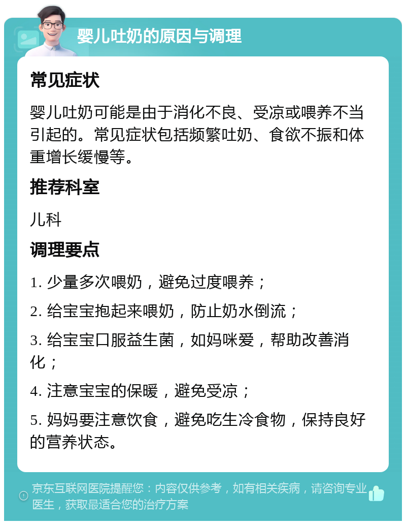 婴儿吐奶的原因与调理 常见症状 婴儿吐奶可能是由于消化不良、受凉或喂养不当引起的。常见症状包括频繁吐奶、食欲不振和体重增长缓慢等。 推荐科室 儿科 调理要点 1. 少量多次喂奶，避免过度喂养； 2. 给宝宝抱起来喂奶，防止奶水倒流； 3. 给宝宝口服益生菌，如妈咪爱，帮助改善消化； 4. 注意宝宝的保暖，避免受凉； 5. 妈妈要注意饮食，避免吃生冷食物，保持良好的营养状态。