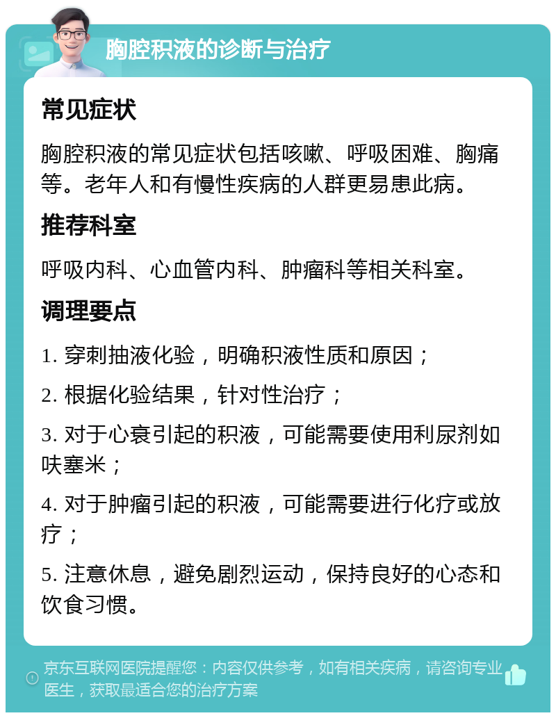 胸腔积液的诊断与治疗 常见症状 胸腔积液的常见症状包括咳嗽、呼吸困难、胸痛等。老年人和有慢性疾病的人群更易患此病。 推荐科室 呼吸内科、心血管内科、肿瘤科等相关科室。 调理要点 1. 穿刺抽液化验，明确积液性质和原因； 2. 根据化验结果，针对性治疗； 3. 对于心衰引起的积液，可能需要使用利尿剂如呋塞米； 4. 对于肿瘤引起的积液，可能需要进行化疗或放疗； 5. 注意休息，避免剧烈运动，保持良好的心态和饮食习惯。