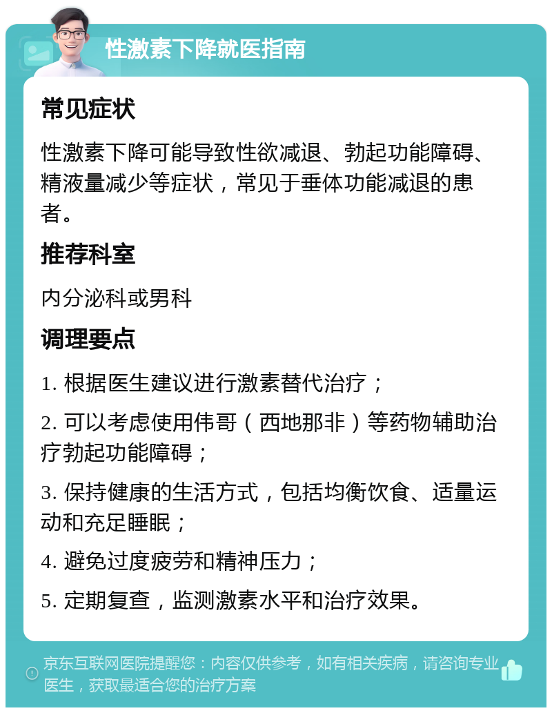 性激素下降就医指南 常见症状 性激素下降可能导致性欲减退、勃起功能障碍、精液量减少等症状，常见于垂体功能减退的患者。 推荐科室 内分泌科或男科 调理要点 1. 根据医生建议进行激素替代治疗； 2. 可以考虑使用伟哥（西地那非）等药物辅助治疗勃起功能障碍； 3. 保持健康的生活方式，包括均衡饮食、适量运动和充足睡眠； 4. 避免过度疲劳和精神压力； 5. 定期复查，监测激素水平和治疗效果。