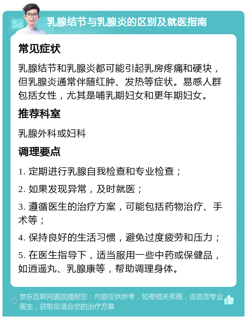 乳腺结节与乳腺炎的区别及就医指南 常见症状 乳腺结节和乳腺炎都可能引起乳房疼痛和硬块，但乳腺炎通常伴随红肿、发热等症状。易感人群包括女性，尤其是哺乳期妇女和更年期妇女。 推荐科室 乳腺外科或妇科 调理要点 1. 定期进行乳腺自我检查和专业检查； 2. 如果发现异常，及时就医； 3. 遵循医生的治疗方案，可能包括药物治疗、手术等； 4. 保持良好的生活习惯，避免过度疲劳和压力； 5. 在医生指导下，适当服用一些中药或保健品，如逍遥丸、乳腺康等，帮助调理身体。