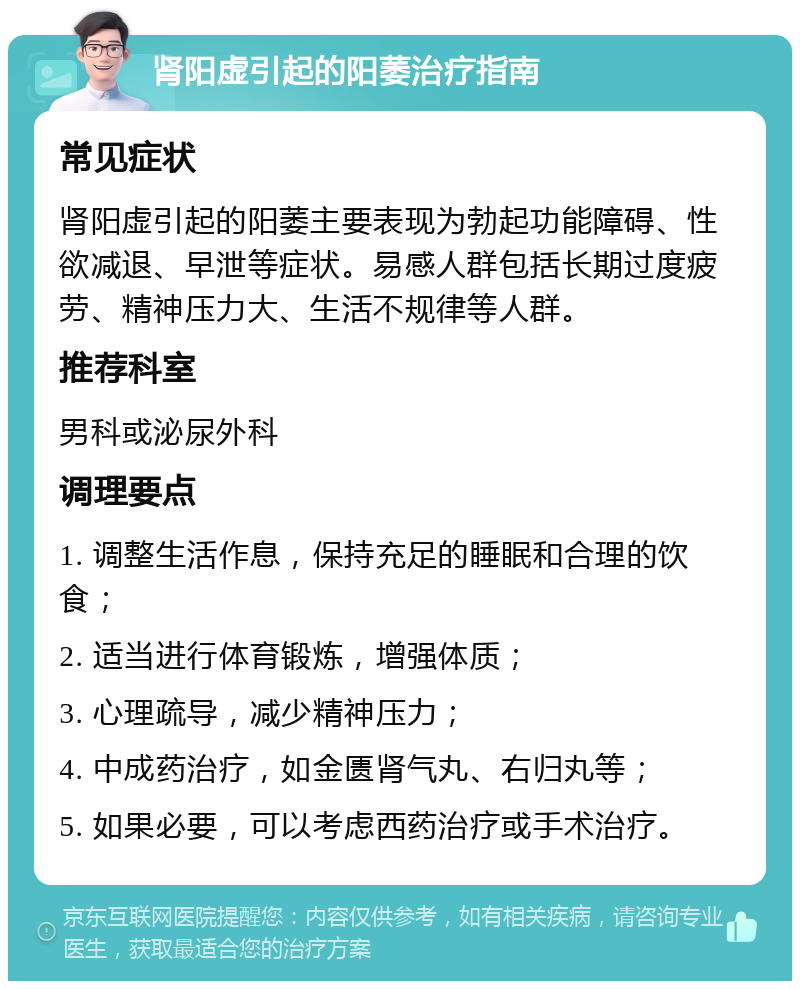 肾阳虚引起的阳萎治疗指南 常见症状 肾阳虚引起的阳萎主要表现为勃起功能障碍、性欲减退、早泄等症状。易感人群包括长期过度疲劳、精神压力大、生活不规律等人群。 推荐科室 男科或泌尿外科 调理要点 1. 调整生活作息，保持充足的睡眠和合理的饮食； 2. 适当进行体育锻炼，增强体质； 3. 心理疏导，减少精神压力； 4. 中成药治疗，如金匮肾气丸、右归丸等； 5. 如果必要，可以考虑西药治疗或手术治疗。