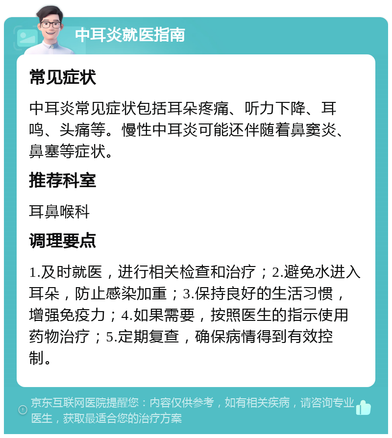 中耳炎就医指南 常见症状 中耳炎常见症状包括耳朵疼痛、听力下降、耳鸣、头痛等。慢性中耳炎可能还伴随着鼻窦炎、鼻塞等症状。 推荐科室 耳鼻喉科 调理要点 1.及时就医，进行相关检查和治疗；2.避免水进入耳朵，防止感染加重；3.保持良好的生活习惯，增强免疫力；4.如果需要，按照医生的指示使用药物治疗；5.定期复查，确保病情得到有效控制。