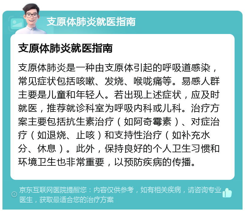 支原体肺炎就医指南 支原体肺炎就医指南 支原体肺炎是一种由支原体引起的呼吸道感染，常见症状包括咳嗽、发烧、喉咙痛等。易感人群主要是儿童和年轻人。若出现上述症状，应及时就医，推荐就诊科室为呼吸内科或儿科。治疗方案主要包括抗生素治疗（如阿奇霉素）、对症治疗（如退烧、止咳）和支持性治疗（如补充水分、休息）。此外，保持良好的个人卫生习惯和环境卫生也非常重要，以预防疾病的传播。